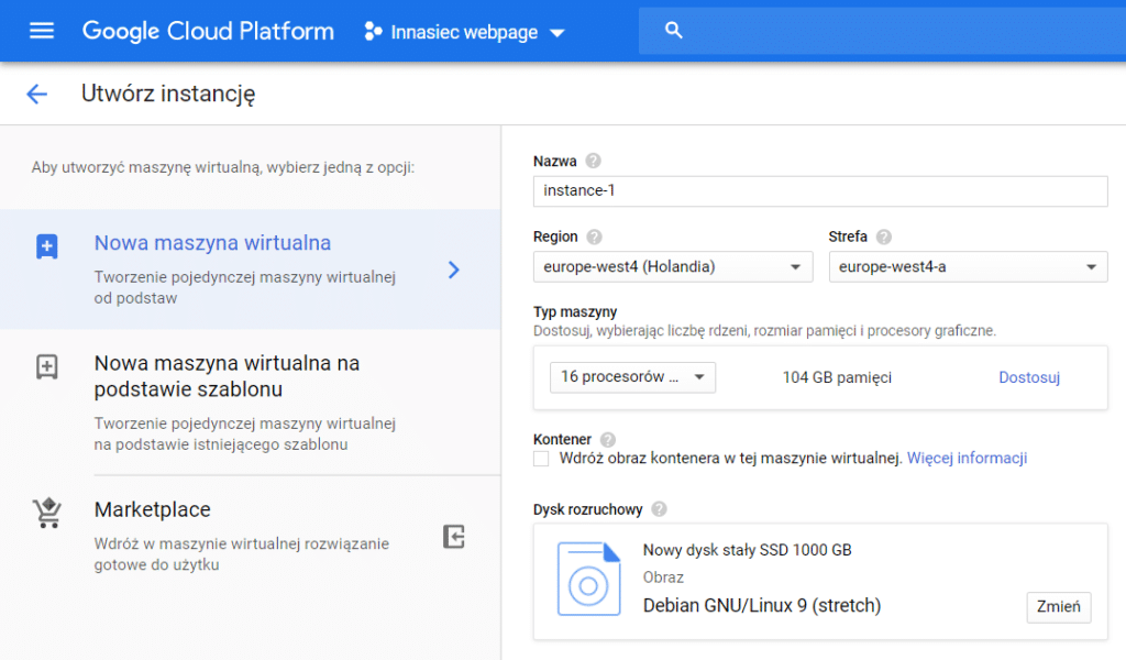 Gcloud instancja testowa