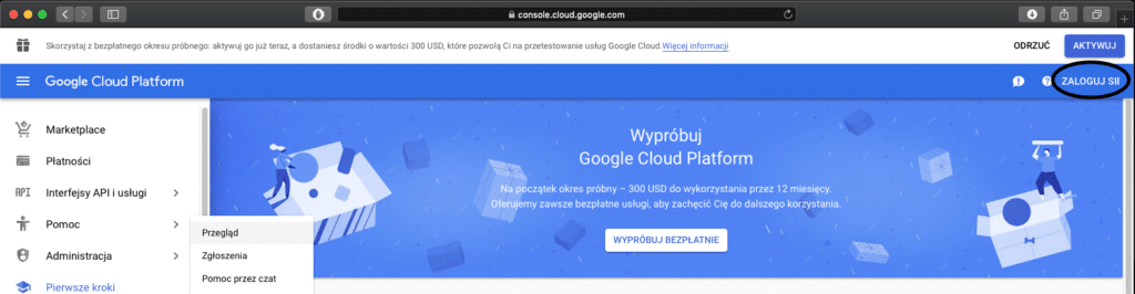 Logowanie do konta google w usłudze Google Cloud